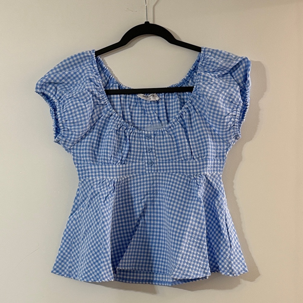 Double Zero Blue Gingham Peplum Blouse
